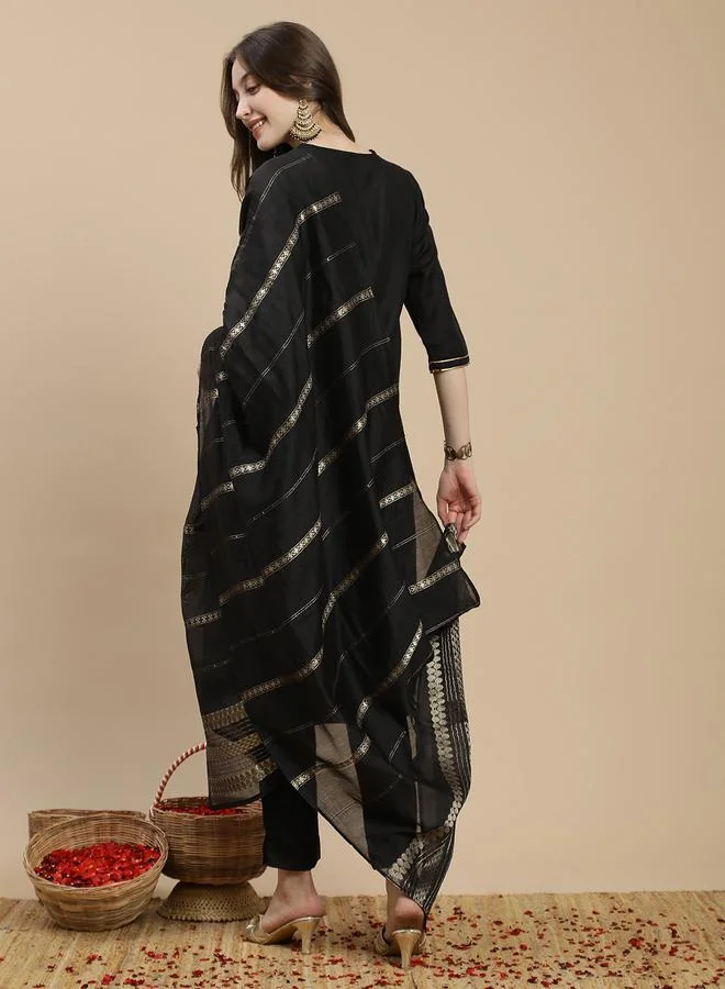 globus Women Black Straight Kurta with Pant and Matching Dupatta Set